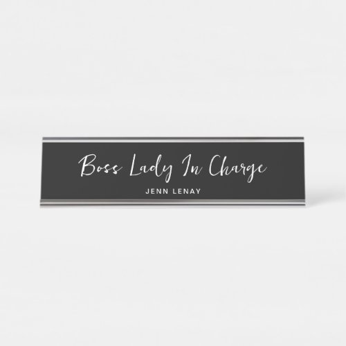 Personalized Boss Lady Chic Script Black And White Desk Name Plate