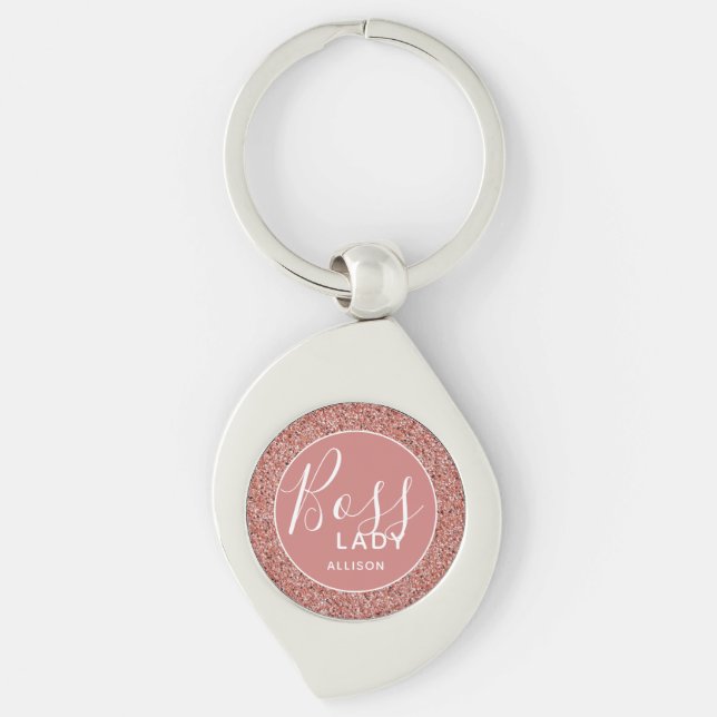 Personalized Boss Lady Pink Rose Gold Glitter Keychain (Front)