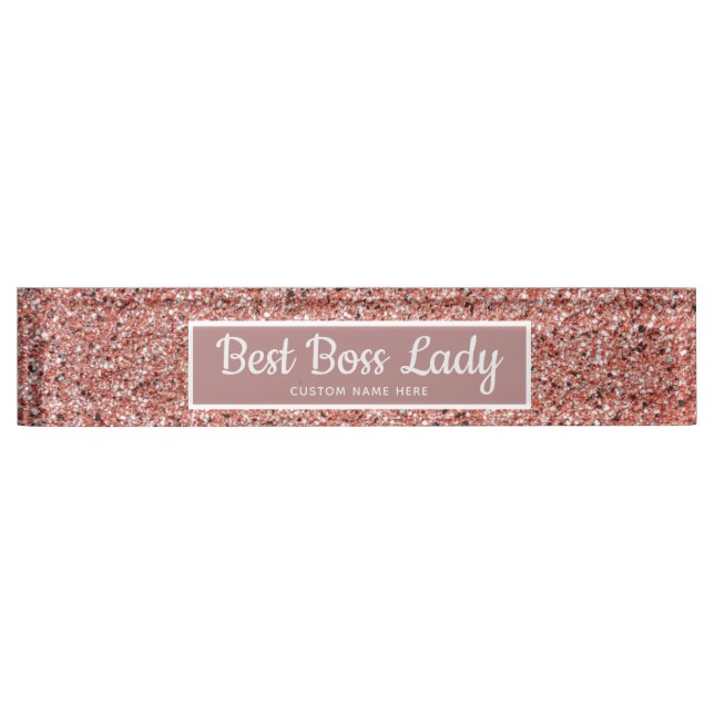 Personalized Boss Lady Rose Gold Glitter Chic  Desk Name Plate (Front)