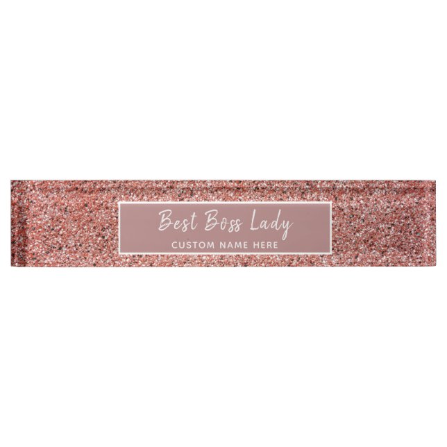 Personalized Boss Lady Rose Gold Glitter Sparkle Desk Name Plate (Front)