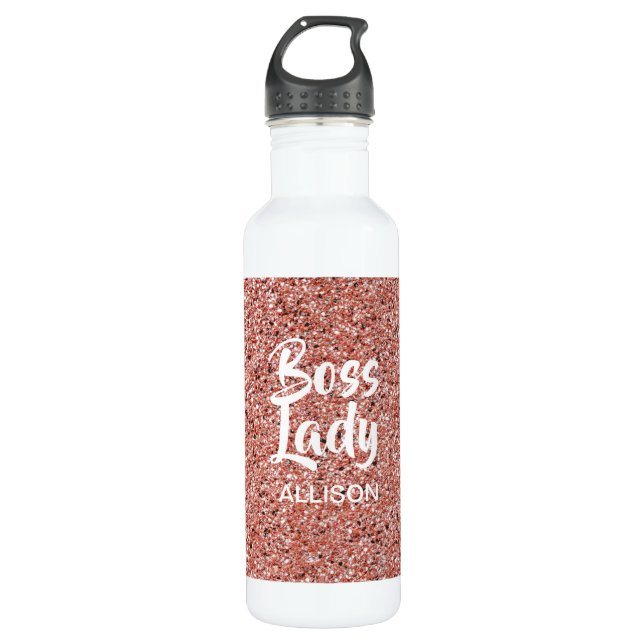 Personalized Boss Lady Rose Gold Glitter Stainless Steel Water Bottle (Front)