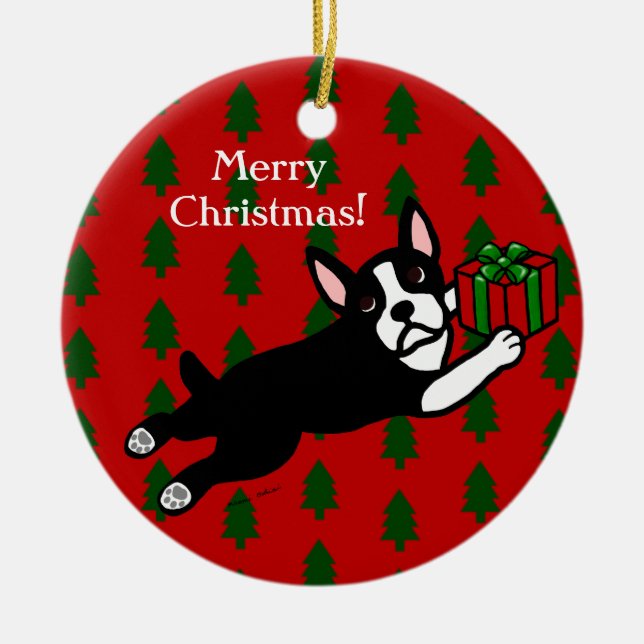 Personalized Boston Terrier Christmas Ceramic Ornament (Front)