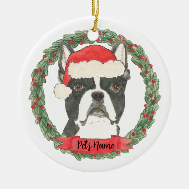 Personalized Boston Terrier Christmas Ceramic Ornament (Front)