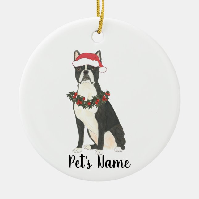 Personalized Boston Terrier Christmas Ceramic Ornament (Front)