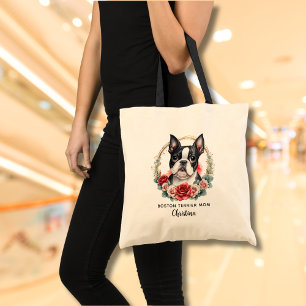Personalized Boston Terrier Dog Mom Floral Wreath Tote Bag