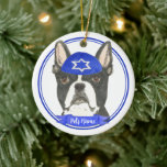 Personalized Boston Terrier Hanukkah Yarmulke Blue Ceramic Ornament<br><div class="desc">Celebrate your favorite mensch on a bench with personalized ornament! This design features a sweet illustration of a black and white boston terrier dog with a blue and white yarmulke. For the most thoughtful gifts, pair it with another item from my collection! To see more work and learn about this...</div>