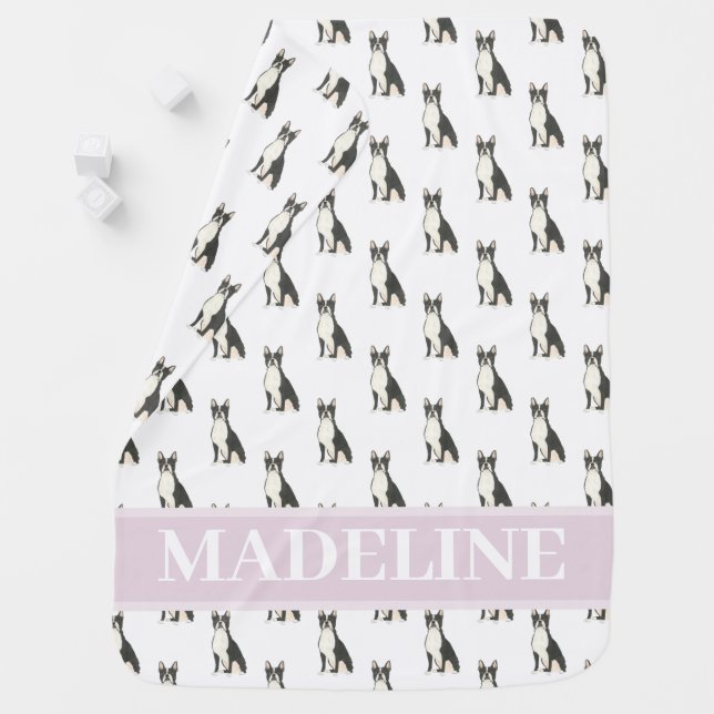 Personalized Boston Terrier Pink & White Baby Blanket (In Situ)