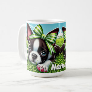 Personalized Boston Terrier Puppy with Green Bow Coffee Mug