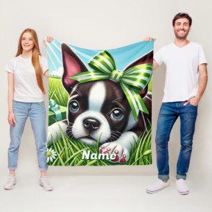 Personalized Boston Terrier Puppy with Green Bow Fleece Blanket