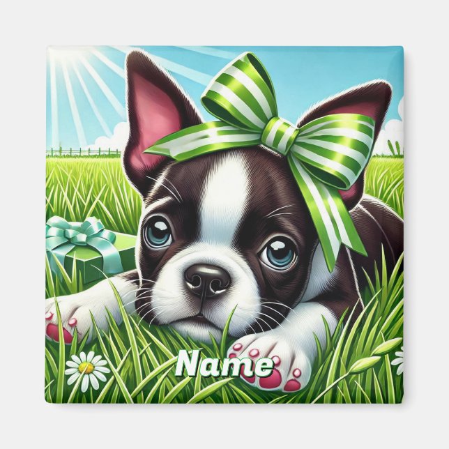 Personalized Boston Terrier Puppy with Green Bow Magnet (Front)