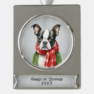 Personalized Boston Terrier Silver Plated Banner Ornament