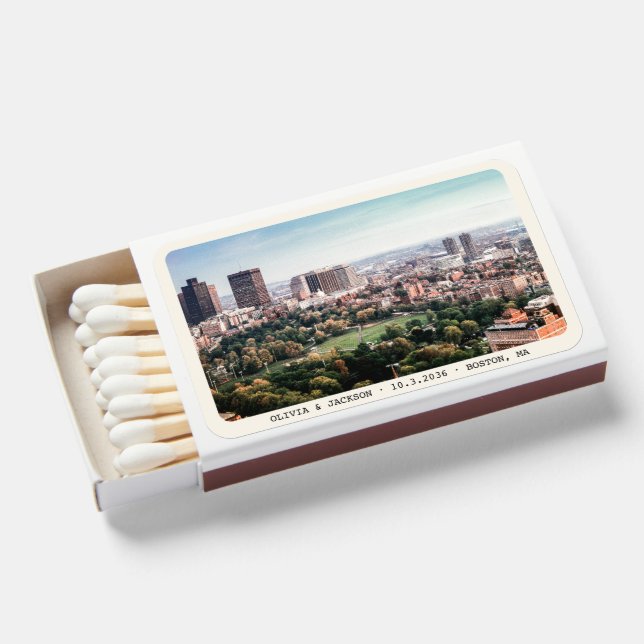 Personalized Boston Wedding Favor Skyline Photo Matchboxes (Front Open)
