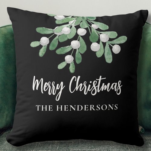 Personalized Botanical Christmas Black Throw Pillow