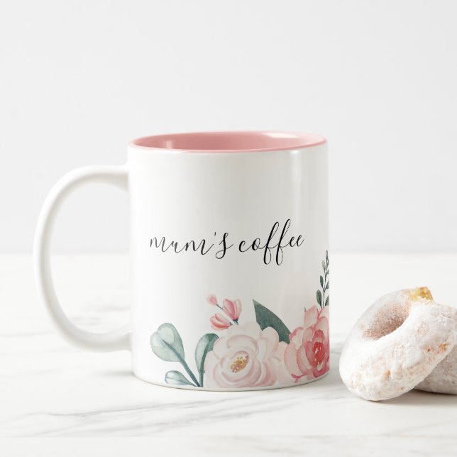 Personalized Botanical Floral Mug For Mom's coffee (With Donut)