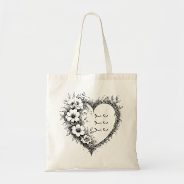 Personalized Botanical Heart Sketch Tote Bag (Front)