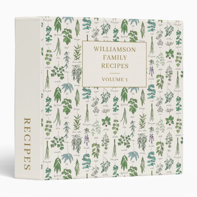 Personalized Botanical Herbs Vintage Family Recipe 3 Ring Binder (Front/Spine)