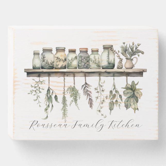 Personalized Botanical Kitchen Herbs Wooden Box Sign (Front Horizontal)