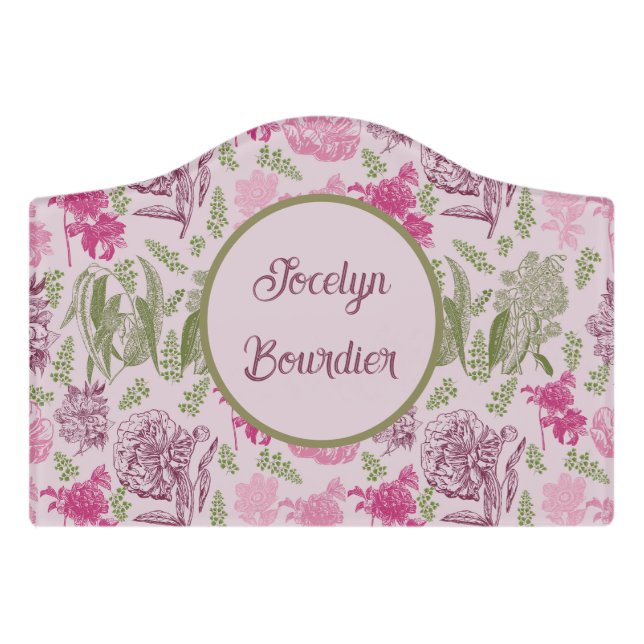 Personalized Botanical Pink Peony Eucalyptus  Door Sign (Small Crest Front)