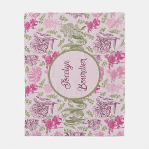 Personalized Botanical Pink Peony Eucalyptus Fleece Blanket