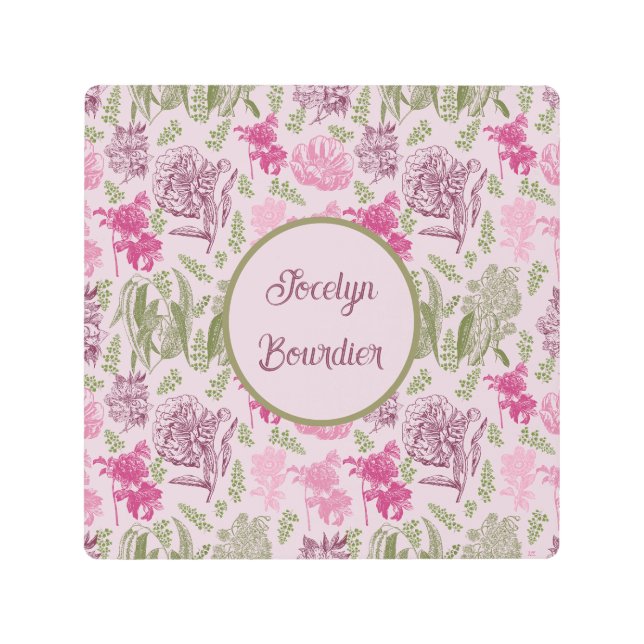 Personalized Botanical Pink Peony Eucalyptus  Metal Print (Front)