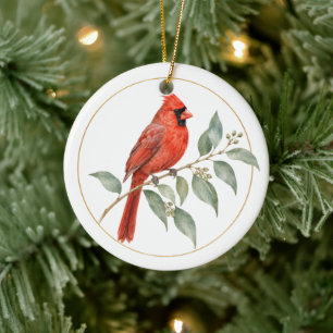 Personalized Botanical Red Cardinal Gold Frame Ceramic Ornament