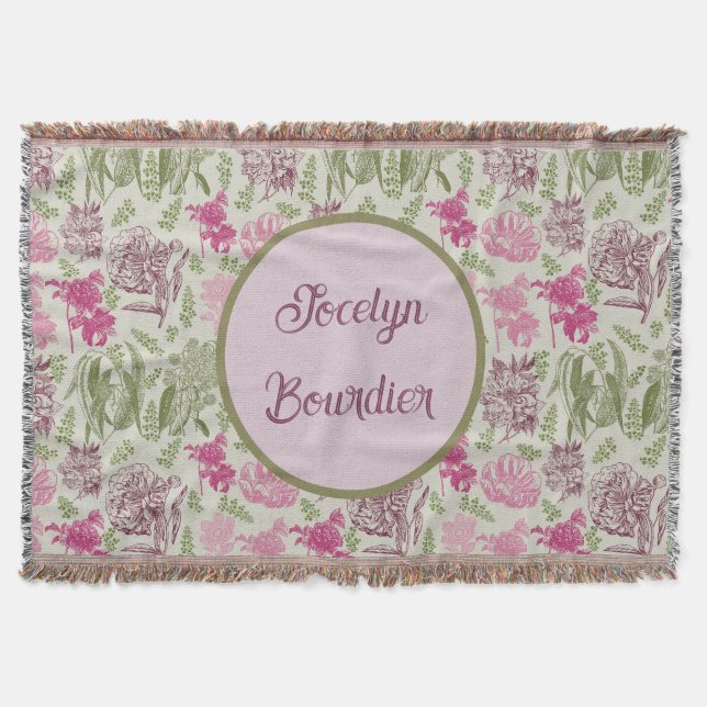 Personalized Botanical Sage Peony Eucalyptus  Throw Blanket (Front)