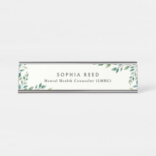 Personalized Botanical Watercolor Green Foliage Desk Name Plate