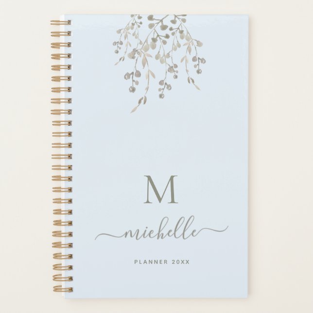 Personalized Botanical Watercolor Monogram Blue Planner (Front)