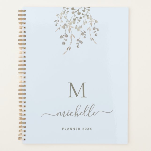 Personalized Botanical Watercolor Monogram Blue Planner (Front)