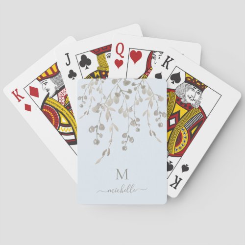 Personalized Botanical Watercolor Monogram Blue Poker Cards