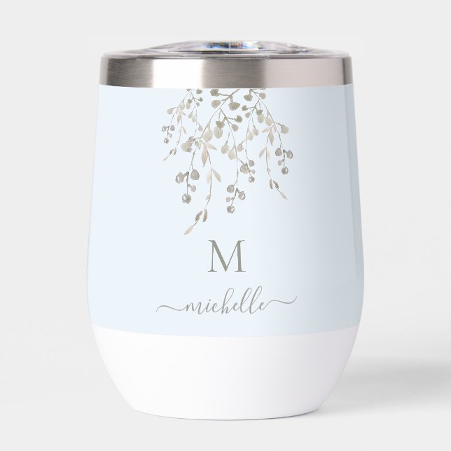 Personalized Botanical Watercolor Monogram Blue Thermal Wine Tumbler (Front)