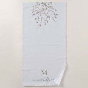Personalized Botanical Watercolor Monogram Gray Beach Towel