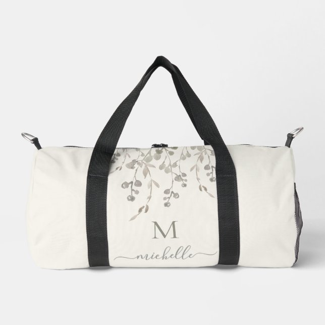 Personalized Botanical Watercolor Monogram Ivory Duffle Bag (Front)