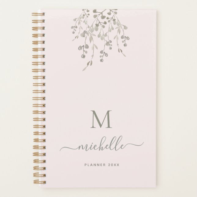 Personalized Botanical Watercolor Monogram Pink Planner (Front)