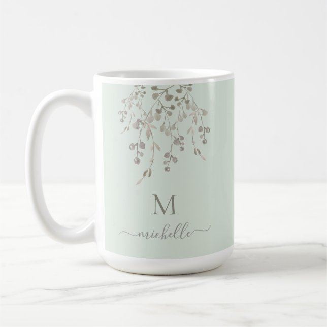 Personalized Botanical Watercolor Monogram Sage Coffee Mug (Left)