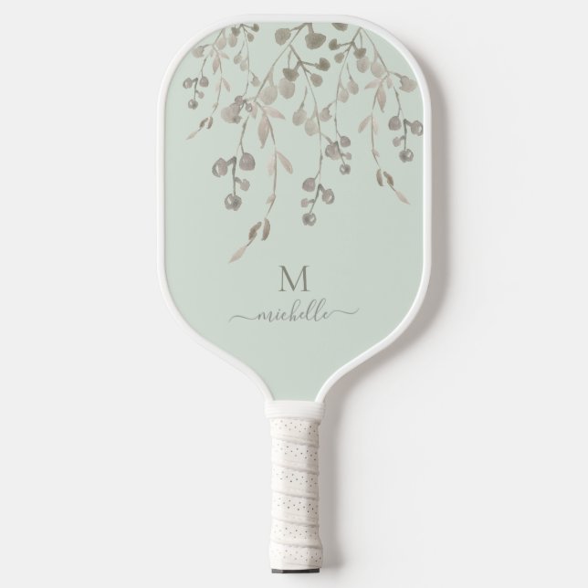 Personalized Botanical Watercolor Monogram Sage Pickleball Paddle (Front)