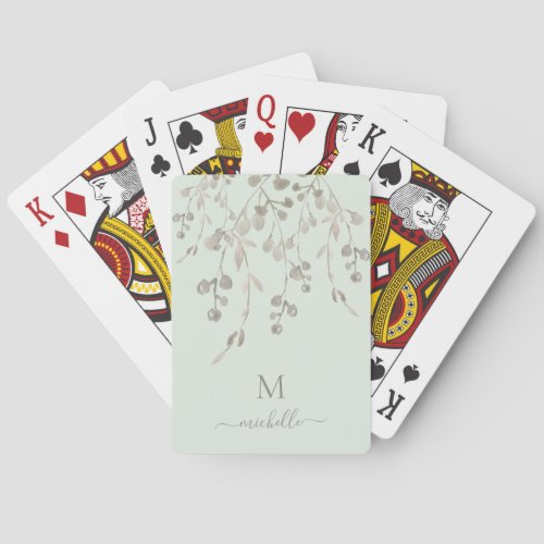 Personalized Botanical Watercolor Monogram Sage Poker Cards