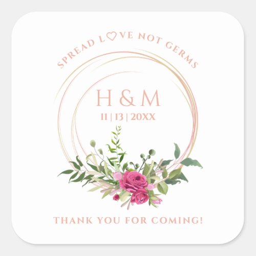 Personalized Botanical Wreath Wedding Sanitizer Square Sticker