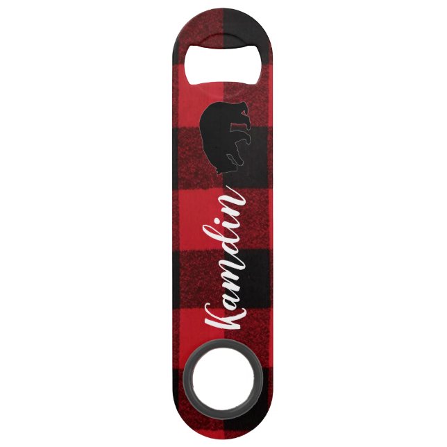 Personalized Bottle Opener Red Buffalo Plaid Bear (Front)