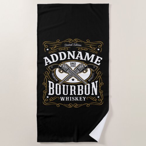 Personalized Bourbon Vintage Guns Whiskey Label Beach Towel