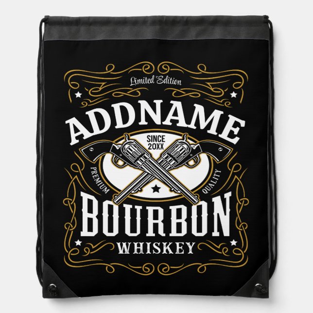 Personalized Bourbon Vintage Guns Whiskey Label Drawstring Bag (Front)