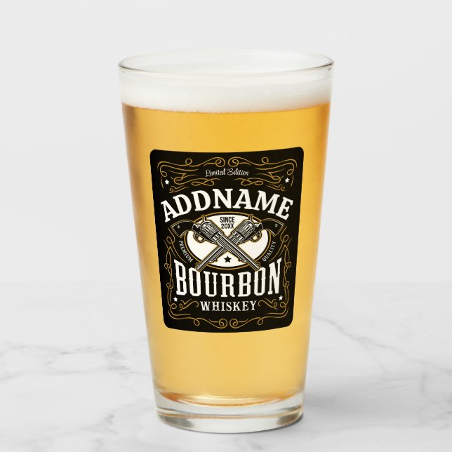 Personalized Bourbon Vintage Guns Whiskey Label Glass (Front Filled)