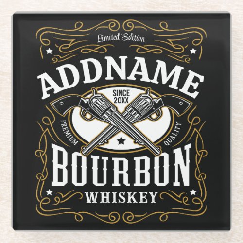 Personalized Bourbon Vintage Guns Whiskey Label Glass Coaster