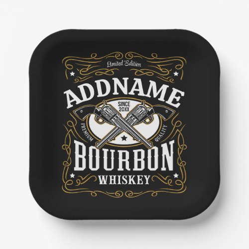 Personalized Bourbon Vintage Guns Whiskey Label Paper Plates