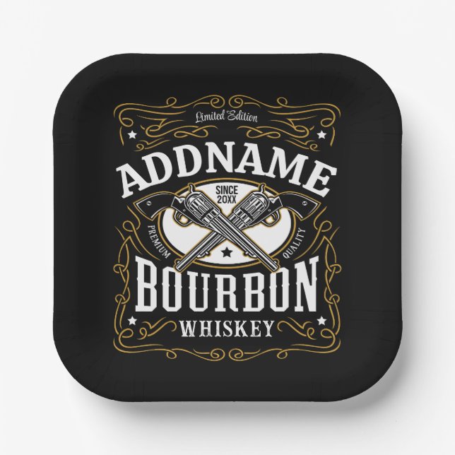 Personalized Bourbon Vintage Guns Whiskey Label Paper Plates (Front)