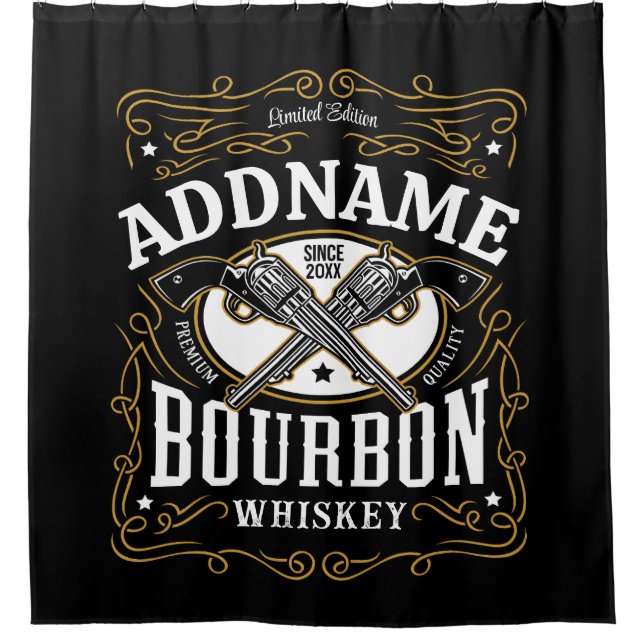 Personalized Bourbon Vintage Guns Whiskey Label Shower Curtain (Front)