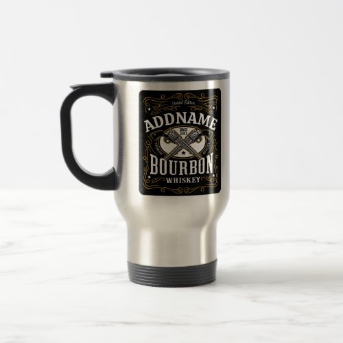 Personalized Bourbon Vintage Guns Whiskey Label Travel Mug