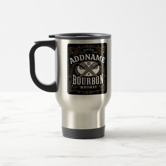Personalized Bourbon Vintage Guns Whiskey Label Travel Mug (Left)