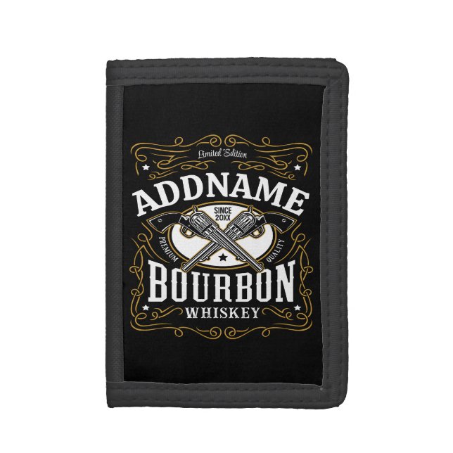 Personalized Bourbon Vintage Guns Whiskey Label Trifold Wallet (Front Vertical)