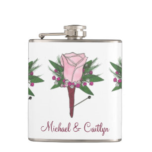 Personalized Boutonniere Pink Rose Wedding Groom Flask